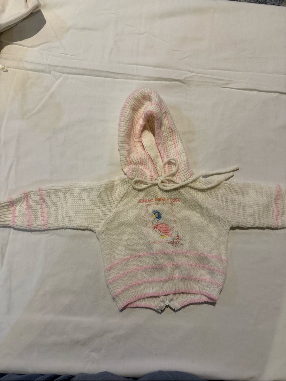 Vintage 1990s Hooded Knit Pullover in Cream with Pink Stripes